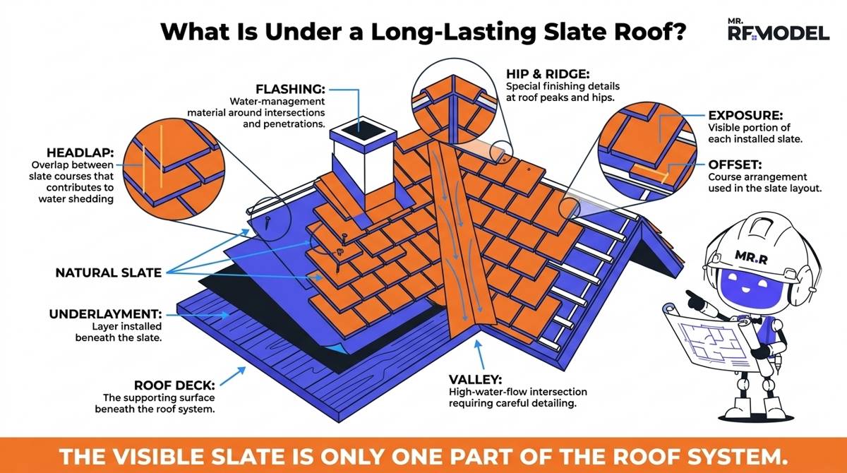 Technical slate roofing cutaway showing roof decking, underlayment, natural slate, fasteners, headlap, exposure, flashing, valleys, hips, and ridge details.